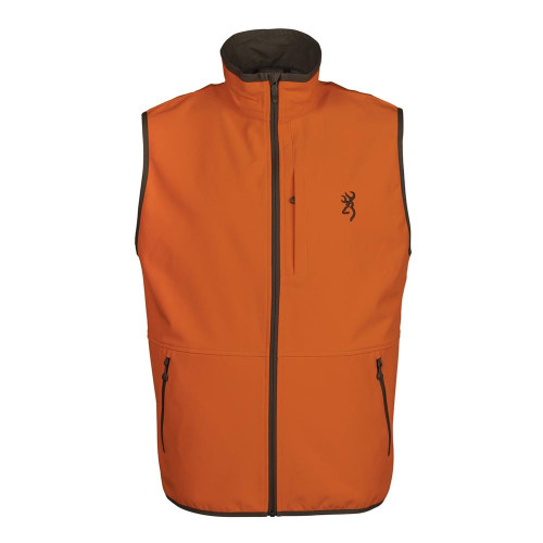 Browning Opening Day Soft Shell Vest in blaze orange with Browning logo.