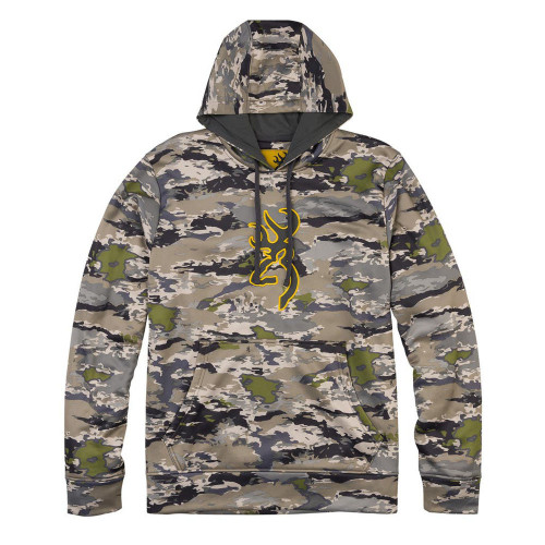 Browning Ovix camo tech hoodie with yellow Buckmark logo and front pocket.