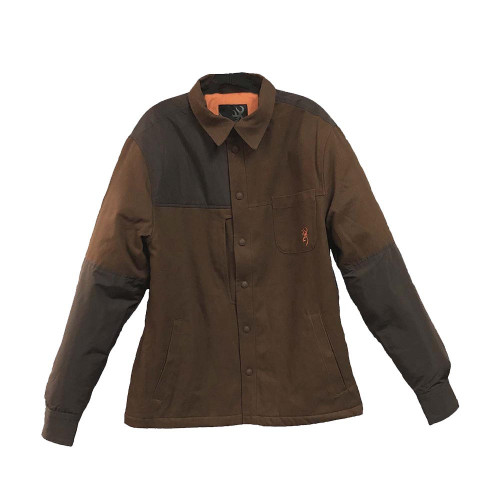 Brown Browning heavyweight upland shirt jacket with contrasting dark brown sleeves and shoulder patches.