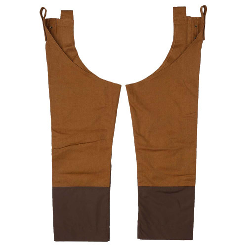 Brown cotton canvas chaps with briar-resistant overlay, dark brown lower section, and adjustable straps.