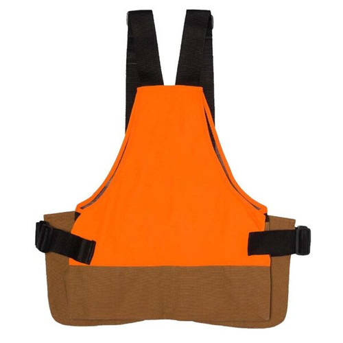 Orange and brown upland strap vest, black straps, canvas material, front-load game bag, adjustable straps.