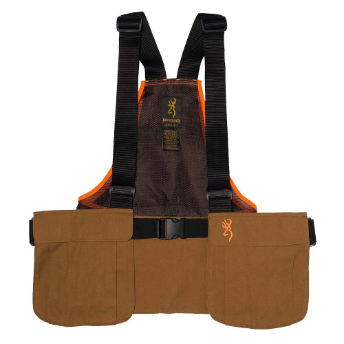 Brown canvas Browning upland strap vest with orange accents and black straps.