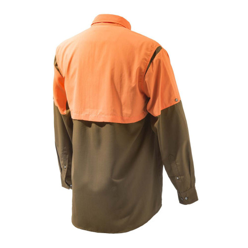 Back view of a Beretta TM Tech Shirt in tobacco and blaze orange. Polyester, button-down, mesh back opening.
