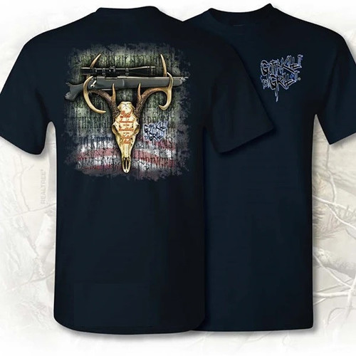 Navy cotton tee with a graphic of a deer skull, rifle, and American flag design.