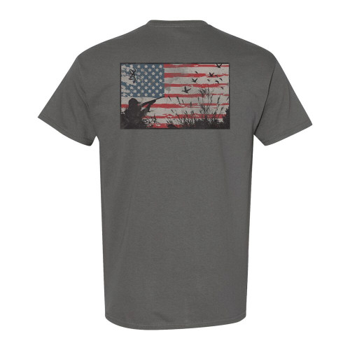 Gray cotton t-shirt with a distressed American flag graphic on the back featuring a hunter, birds, and a Buckmark.
