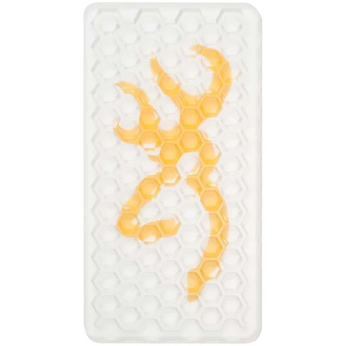 White rectangular recoil pad with yellow Browning buckmark logo, honeycomb texture.