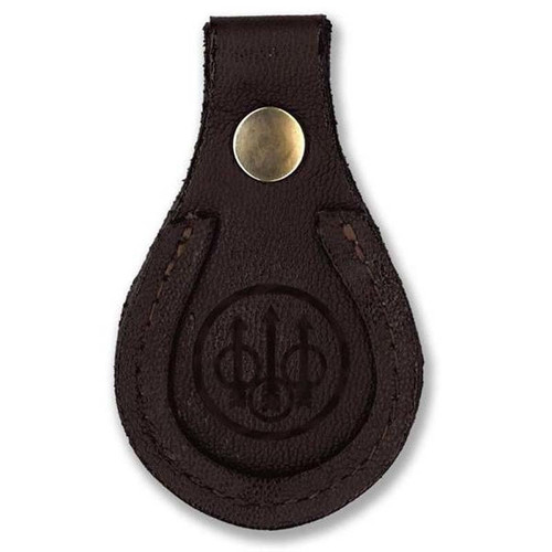 Dark brown leather Beretta barrel rest with brass snap and embossed logo.