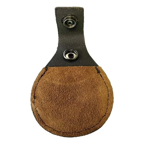 Brown leather shooter's gun toe rest with black tab and snap closure. Suede-like texture. Top-down view.