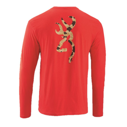 Red long sleeve tee with vintage tan camo Browning Buckmark logo on the back.