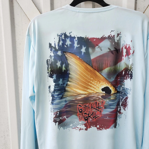 GKITGI Old Glory Redfish Ls Performance Tee- Pastel Blue   GKITGI Old Glory Redfish Ls Performance Tee- Pastel Blue