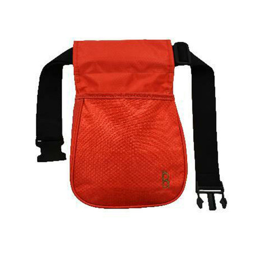 Red nylon shell pouch with black adjustable belt; features dual compartments.