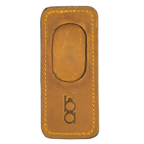Tan leather Bob Allen magnetic barrel protector, yellow stitching, oval cutout, logo.