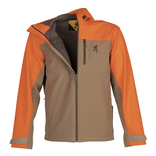 Orange and tan Browning Flushing Meadows jacket; polyester fleece, zippered pockets, adjustable hood.