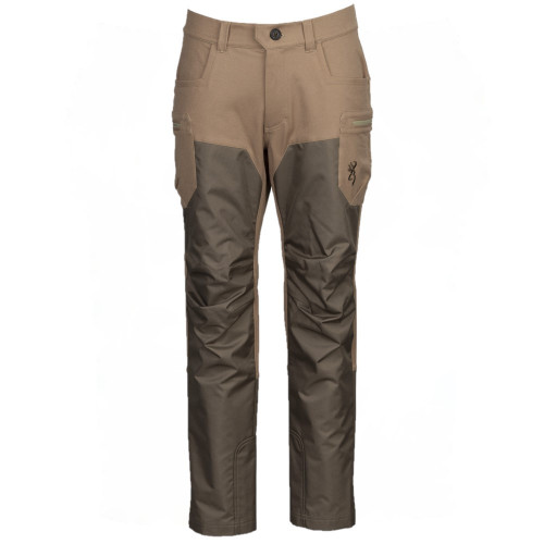 Tan and brown Browning Brush Flatts pants with reinforced knees, multiple pockets, and a Browning logo.