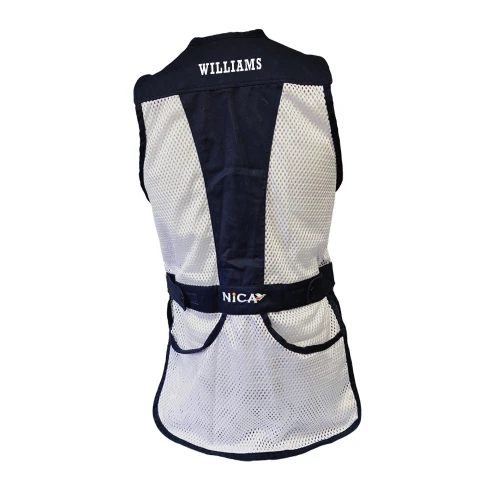 Back view of a navy and white mesh shooting vest with "WILLIAMS" and "NICA" branding.