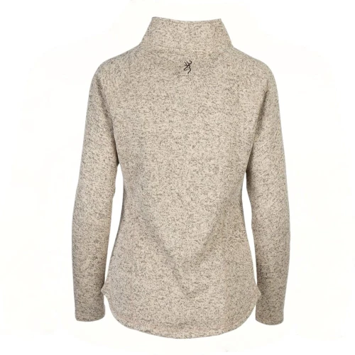 Back view of an oatmeal-colored Browning women's sweater with a high collar and a small logo.