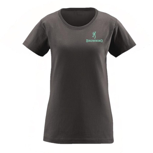 Gray women's t-shirt with Browning logo, cotton fabric, crew neck.