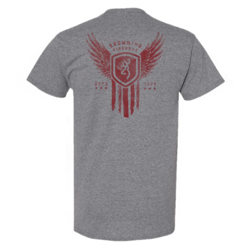 Graphite heather tee, back view. Red Browning "American Wings" graphic. Cotton blend. Crew neck, short sleeves.