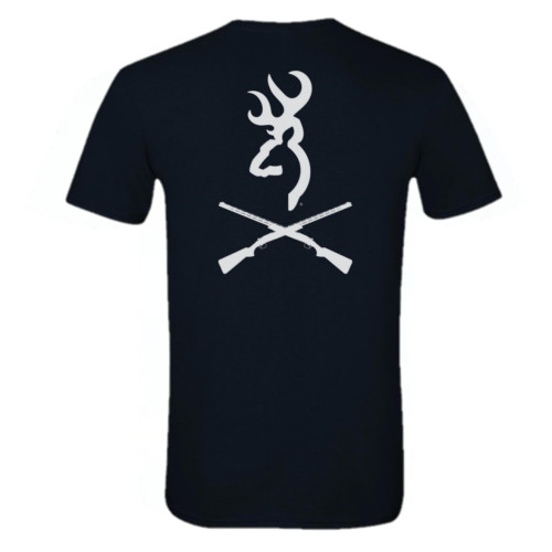 Black t-shirt with white Browning buckmark and crossed guns graphic on the back.