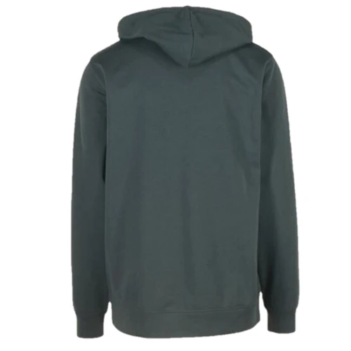 Back view of a navy hoodie with a hood and ribbed cuffs.