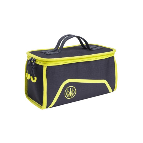 Black and yellow Beretta Challenge cartridge bag, rectangular shape, top handle, zippers, logo.