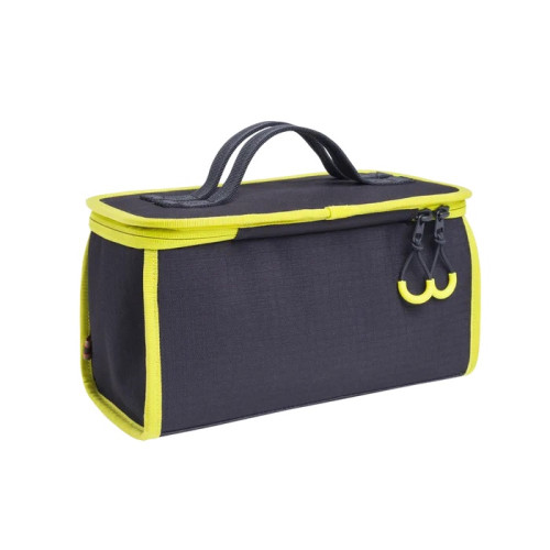 Dark grey cartridge bag with neon yellow trim, handle, and zipper pulls.