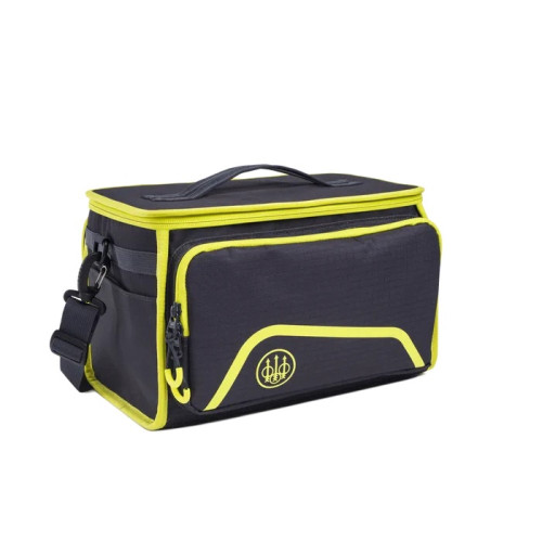 Black and yellow Beretta cartridge bag with shoulder strap, carrying handle, and zipper pockets.