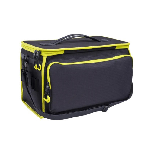 Black and yellow Beretta cartridge bag, rectangular, with a shoulder strap and handle.