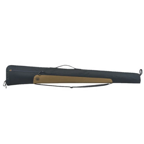 Ebony and otter-colored Beretta gun case, made of durable material, with a zipper and shoulder strap.