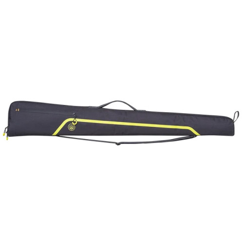 Black gun case with yellow accents, shoulder strap, and handle.