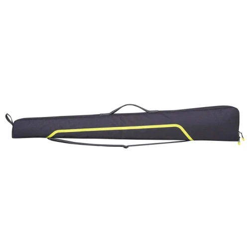 Black gun case with yellow accents, shoulder strap, and handle.