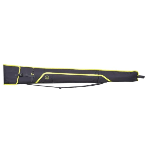 Black and yellow Beretta gun case, polyester, with shoulder strap and buckle closure.