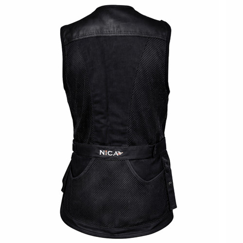 Black shooting vest, mesh and leather details, Nica logo on back, rear view.
