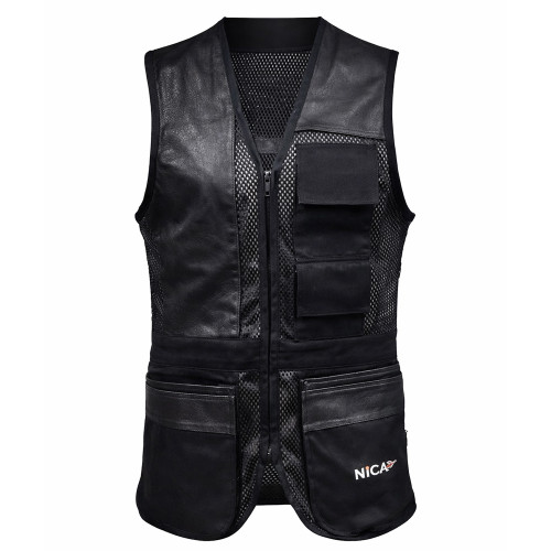 Black shooting vest with leather and mesh panels, multiple pockets, and a zip closure.