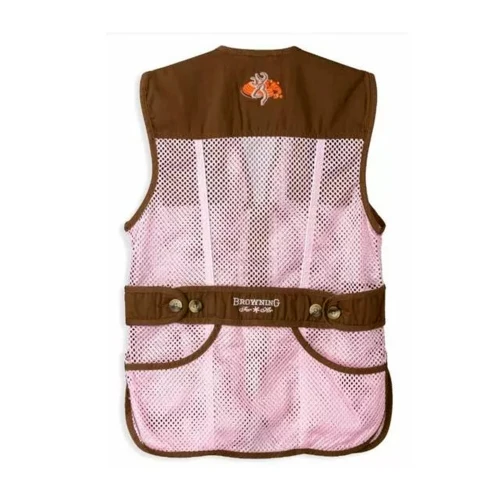 Pink mesh shooting vest with brown accents, Browning logo, and button details.
