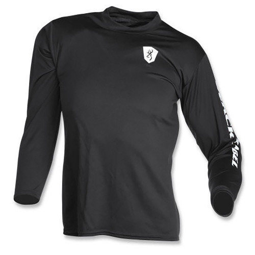 Black long-sleeve Browning shirt, black fabric, white logo on chest and sleeve.