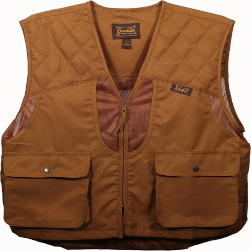 Brown Gamehide quail vest, quilted shoulder patches, mesh panels, front pockets, zipper closure.