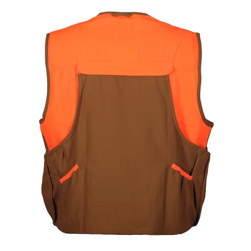 Back view of a brown and orange hunting vest. Brown fabric with orange shoulder panels and pockets.
