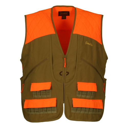 Tan and orange hunting vest with multiple pockets, quilted shoulders, and a zipper closure.