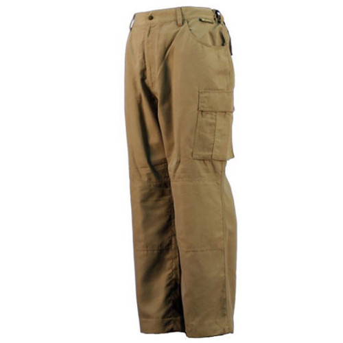 Tan Gamehide cargo pants, side view, with pockets and belt loops.
