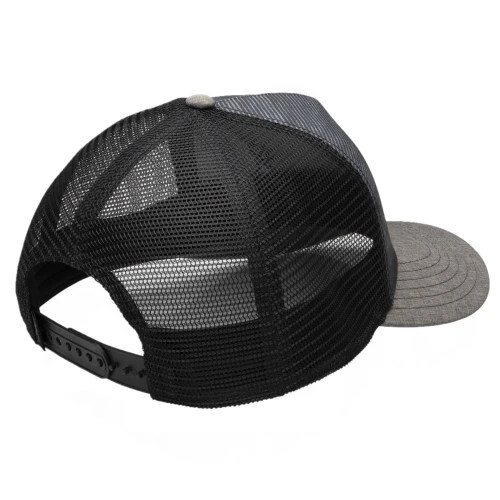Gray and black trucker hat, mesh back, snap closure, angled view.