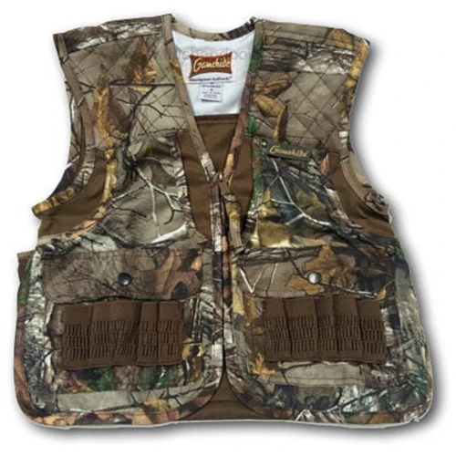 Camouflage hunting vest with brown accents, front pockets, and quilted shoulders.