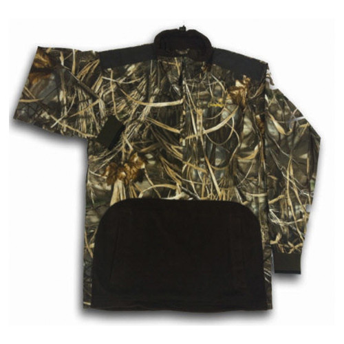 Camouflage pullover jacket, black accents, front pocket, long sleeves, high-neck collar.