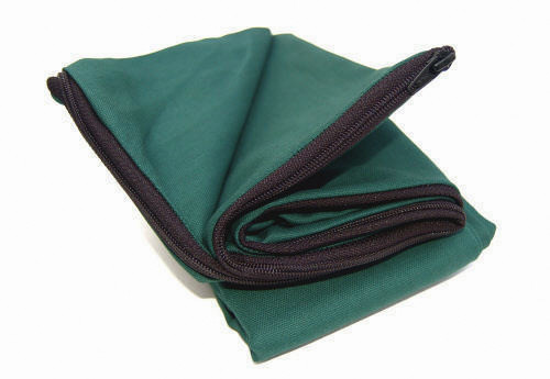 Hunter green dog bed cover, folded, with black zipper, cotton twill material.