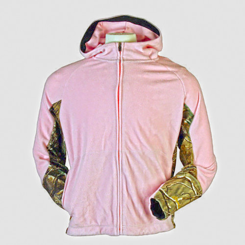 Pink fleece jacket with camo sleeves and hood, full zip.