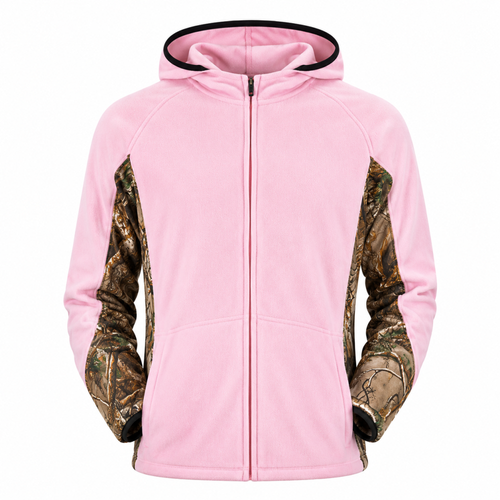 Pink fleece jacket with camo sleeves and hood, full zip.