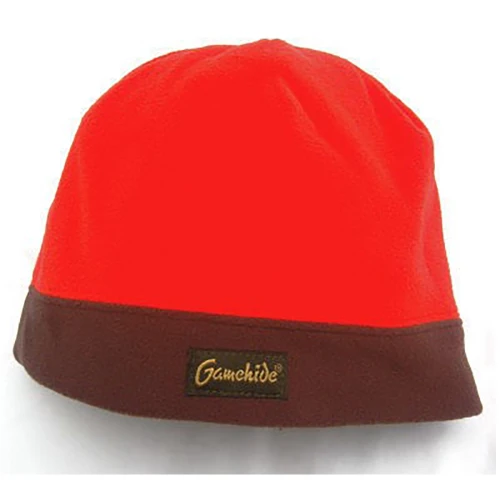 Orange and brown reversible fleece skull cap; "Gamehide" logo patch.
