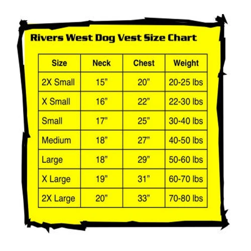 Dog vest size chart, yellow background, black text, measurements for neck, chest, and weight.
