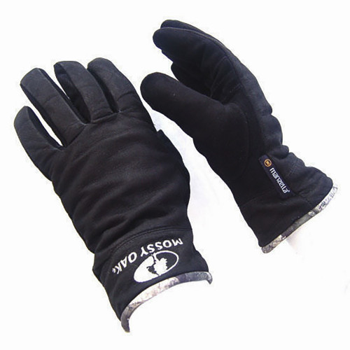 Black Manzella Gunnison Bird gloves. Soft, black material with camo trim and Mossy Oak logo.