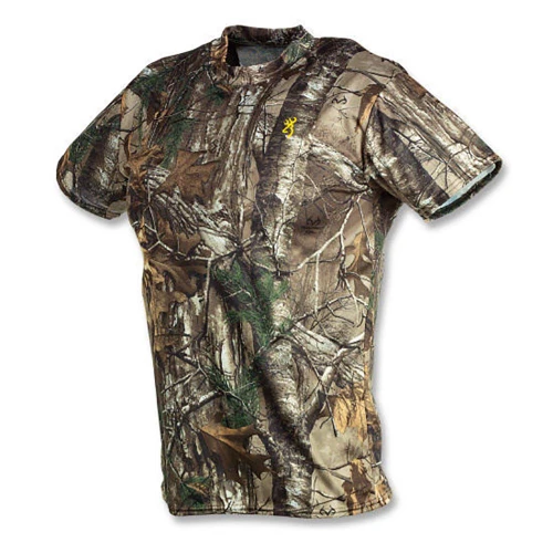 Browning Wasatch Vapor Max short sleeve t-shirt in Mossy Oak Infinity camo, polyester material, relaxed fit.